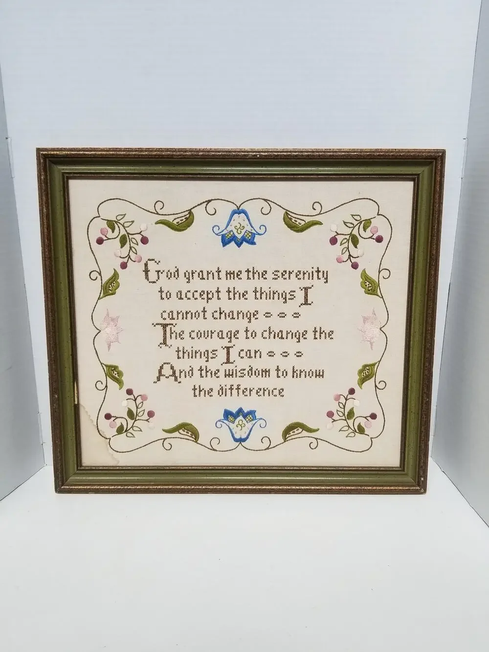 Vintage 18x20 Framed Handmade God Grant Serenity Cross Stitch Embroidery Floral